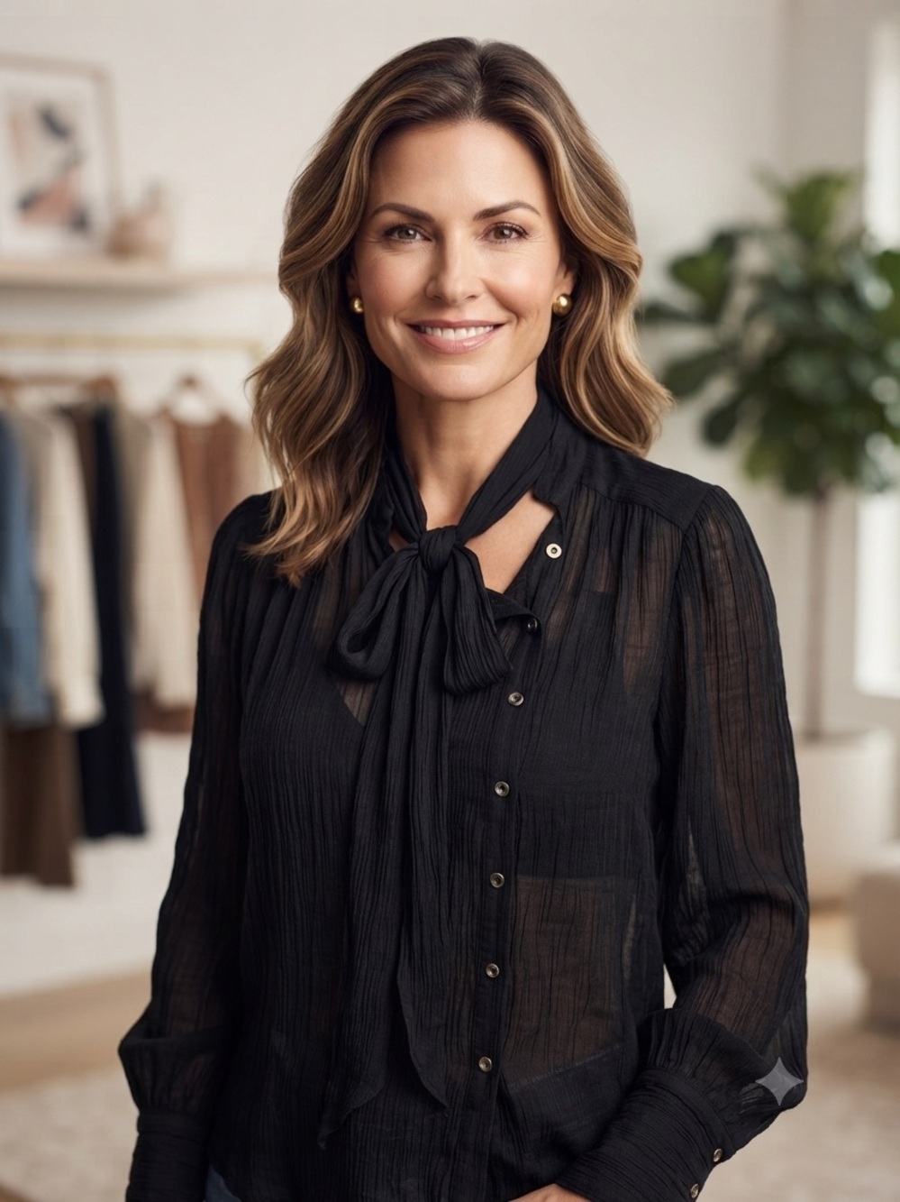 Free People Black Sheer Tie-Neck Blouse